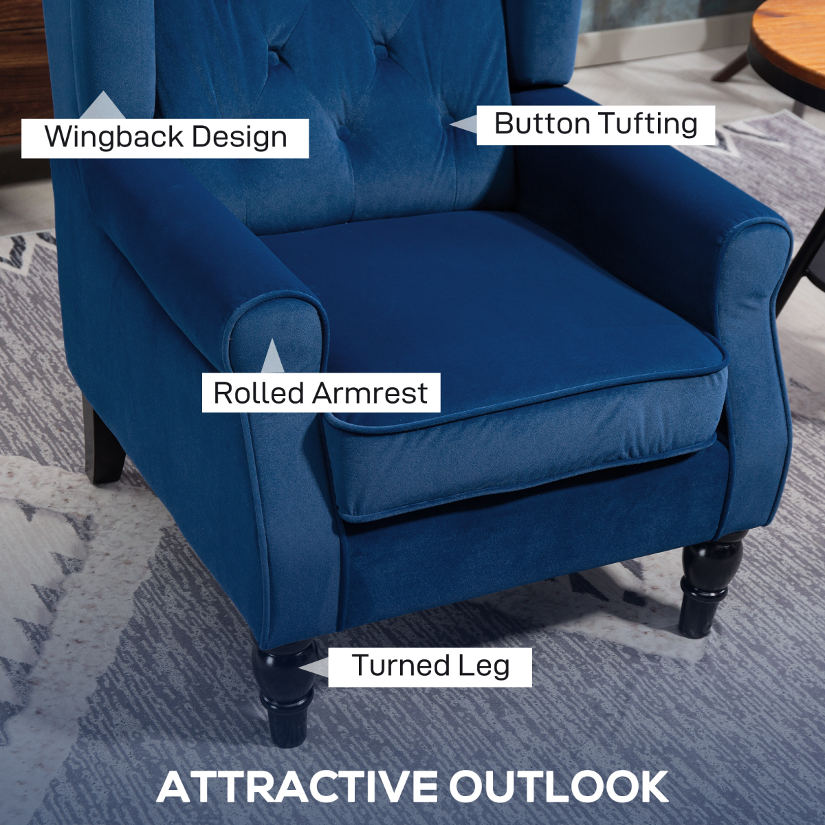 HOMCOM Wingback Accent Chair Tufted Retro Upholstery in blue with high-back, button tufting.