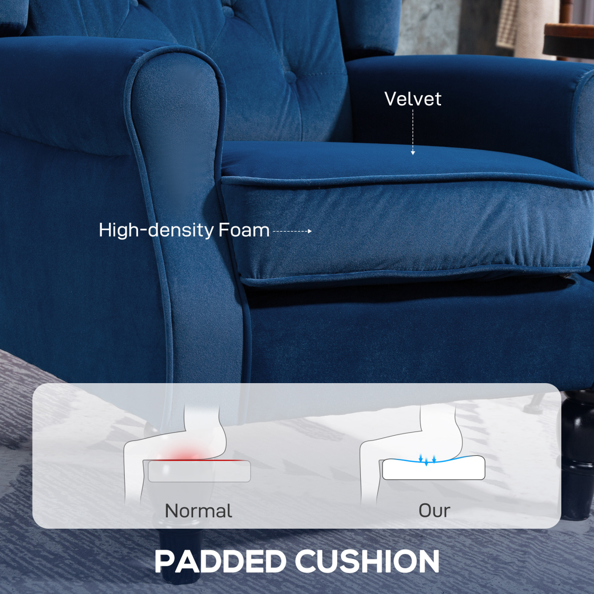 HOMCOM Wingback Accent Chair Tufted Retro Upholstery velvet blue with high-back, deep button tufting.