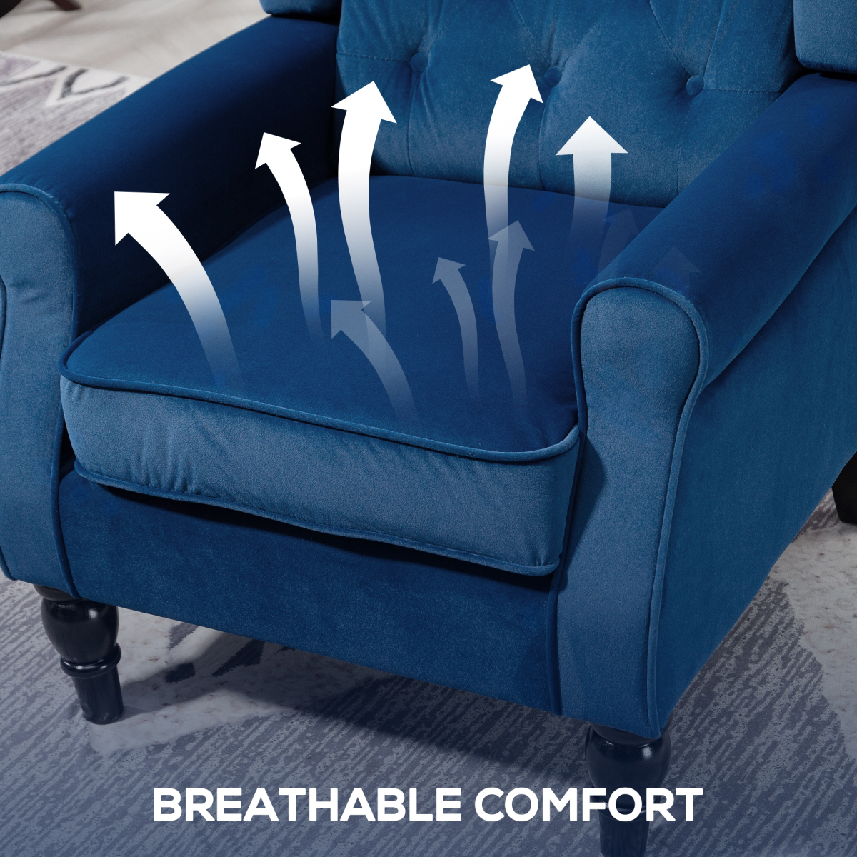 HOMCOM Wingback Accent Chair Tufted Retro Upholstery in blue fabric with high-back tufting and piping.