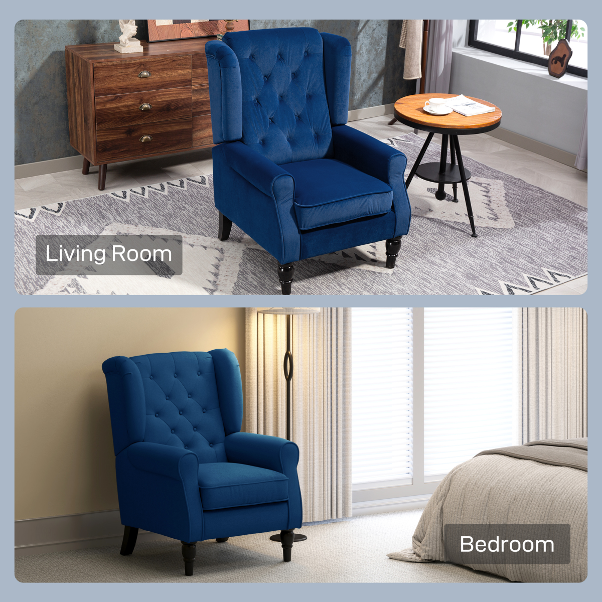 HOMCOM Wingback Accent Chair Tufted Retro Upholstery in blue for living room and bedroom settings