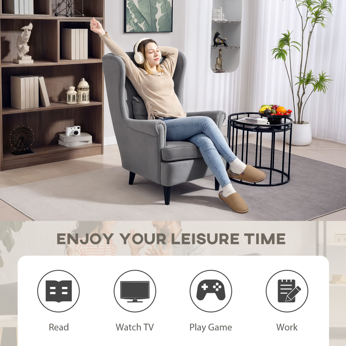 HOMCOM Wingback Chair 70cm High Velvet Comfort Living Room — a woman relaxing in a gray velvet wingback chair.