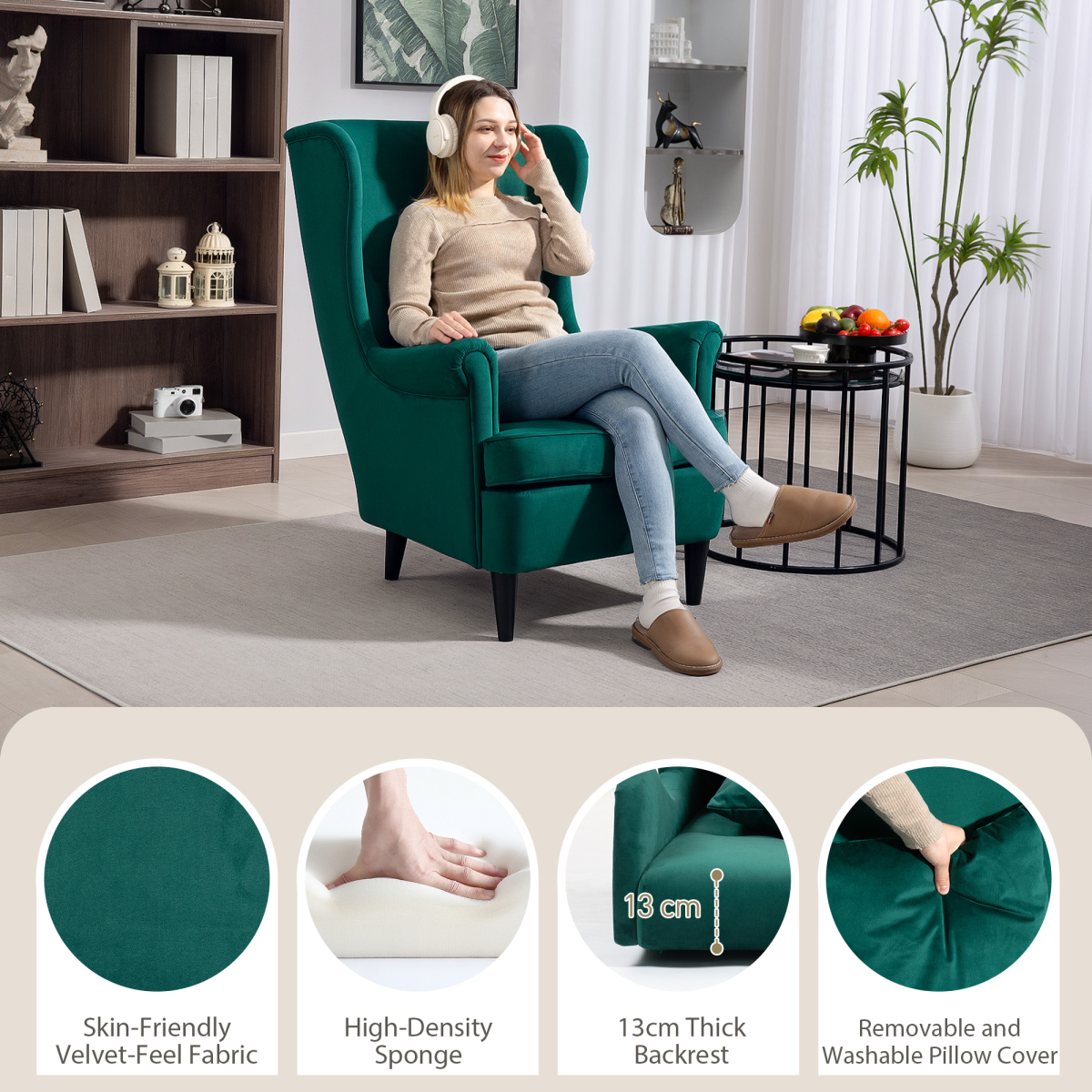 HOMCOM Wingback Chair 70cm High Velvet Comfort Living Room: Woman sits in green velvet wingback chair.