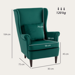 HOMCOM Wingback Chair 70cm High Velvet Comfort Living Room in emerald green velvet with cushioned seat.