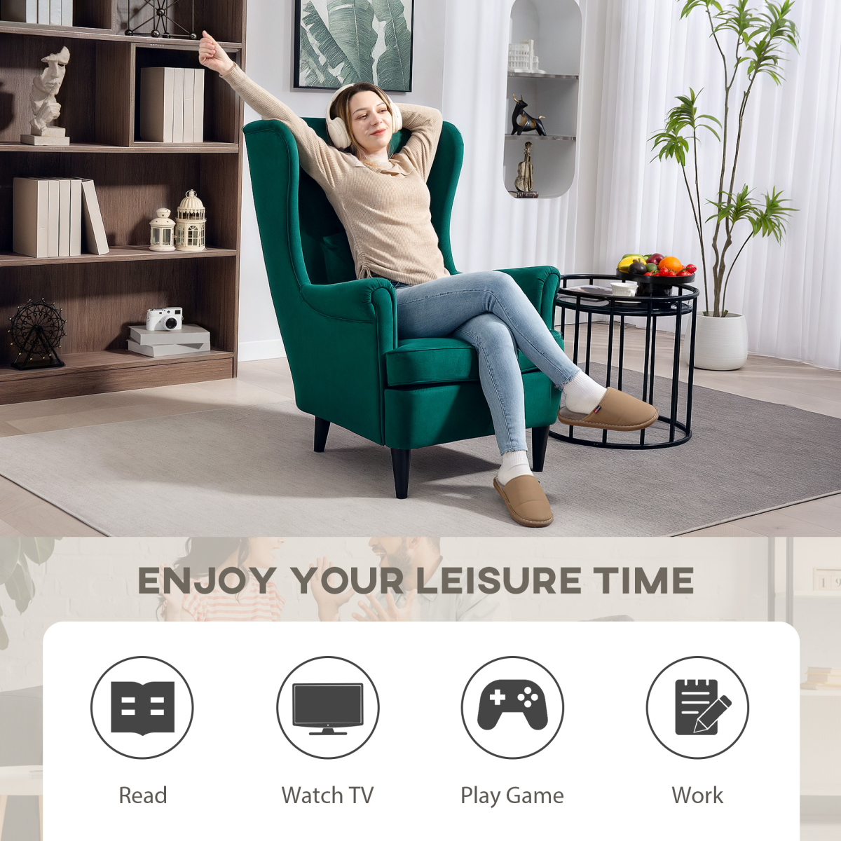 HOMCOM Wingback Chair 70cm High Velvet Comfort Living Room — a person relaxing in a green velvet wingback chair.