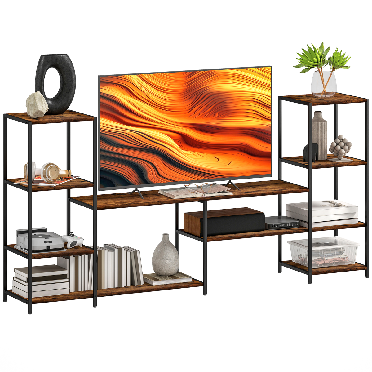 HOMCOM industrial rustic brown TV stand with black metal frame, for 60-inch TVs, with eight storage shelves.