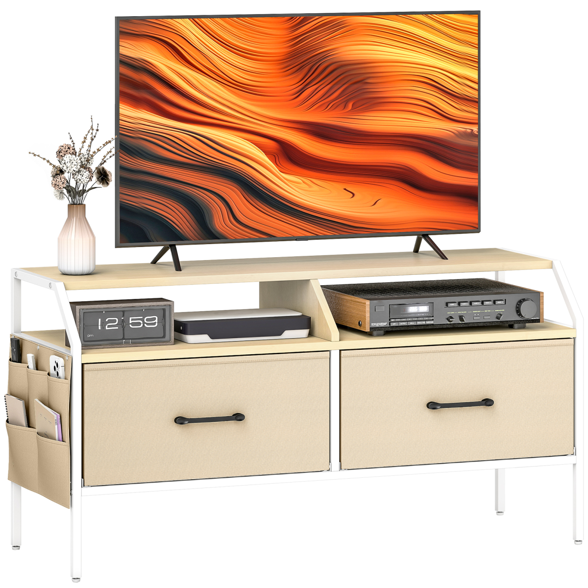 HOMCOM 55-Inch TV Stand with two foldable drawers, white metal frame, beige fabric drawers, supports 55-inch TVs.