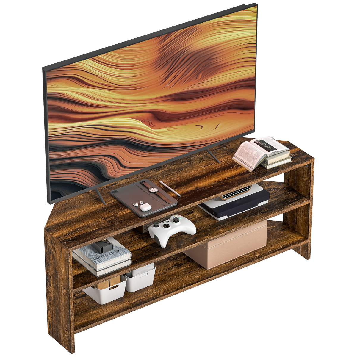 HOMCOM Corner TV Stand 47-Inch with open shelves in wood finish, fits TVs up to 47 inches.