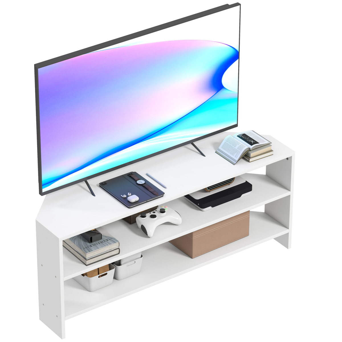 HOMCOM Corner TV Stand 47 Inch: white unit with open shelves, TV on top, media devices, books, and storage bins.