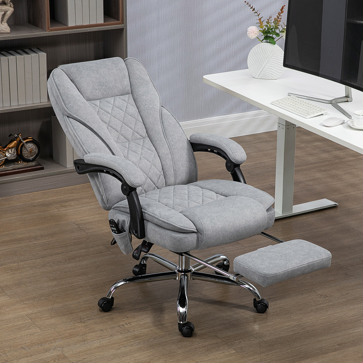 Vinsetto Massage Office Chair Six Point Massage For Desk in grey upholstery with footrest and chrome base.
