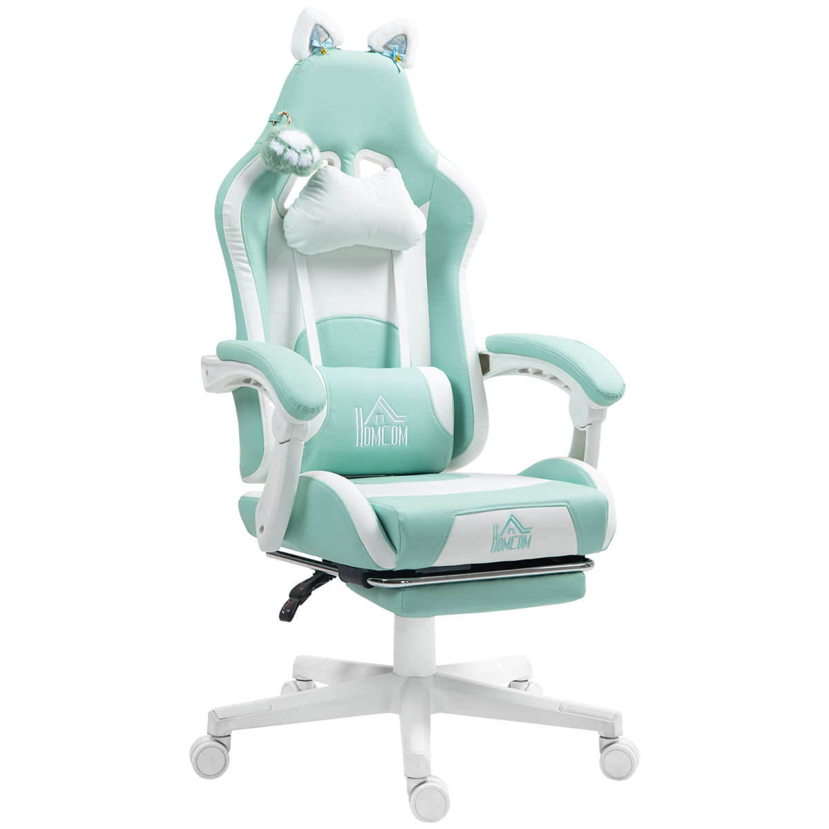HOMCOM Gaming Chair 44 52cm Seat Reclining Footrest Gamers in mint green with cat ears and paw accents.