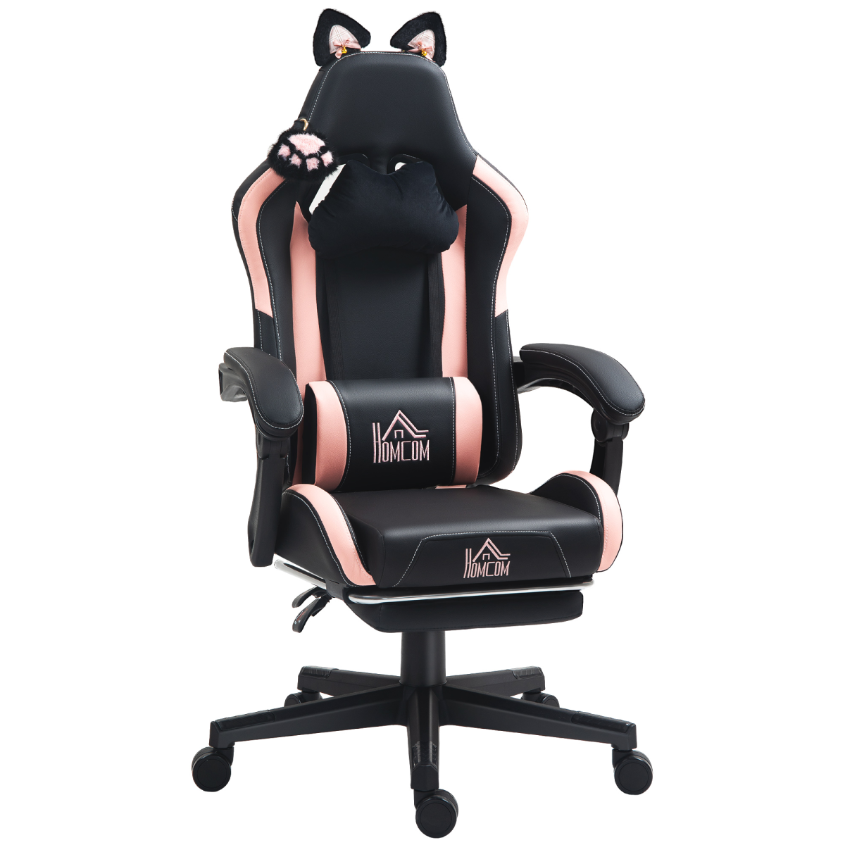 HOMCOM Gaming Chair 44 52cm Seat Reclining Footrest Gamers in black-pink with cat-ear accents