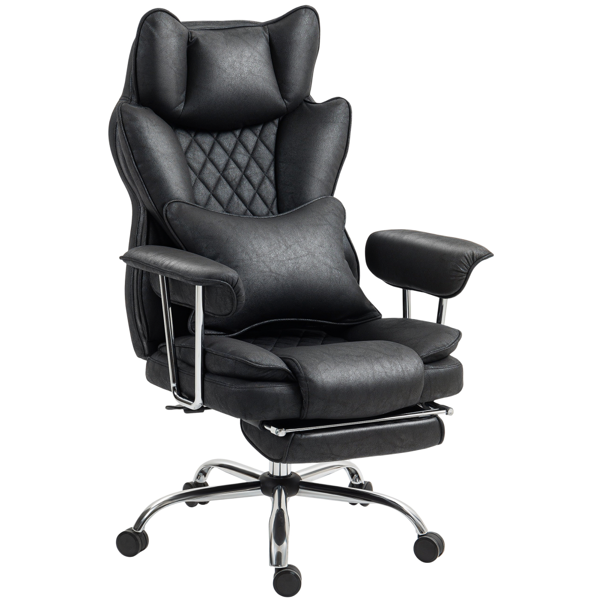 HOMCOM Office Chair High Back Leathaire with Lumbar Home in black leather with lumbar support pillow and chrome base.