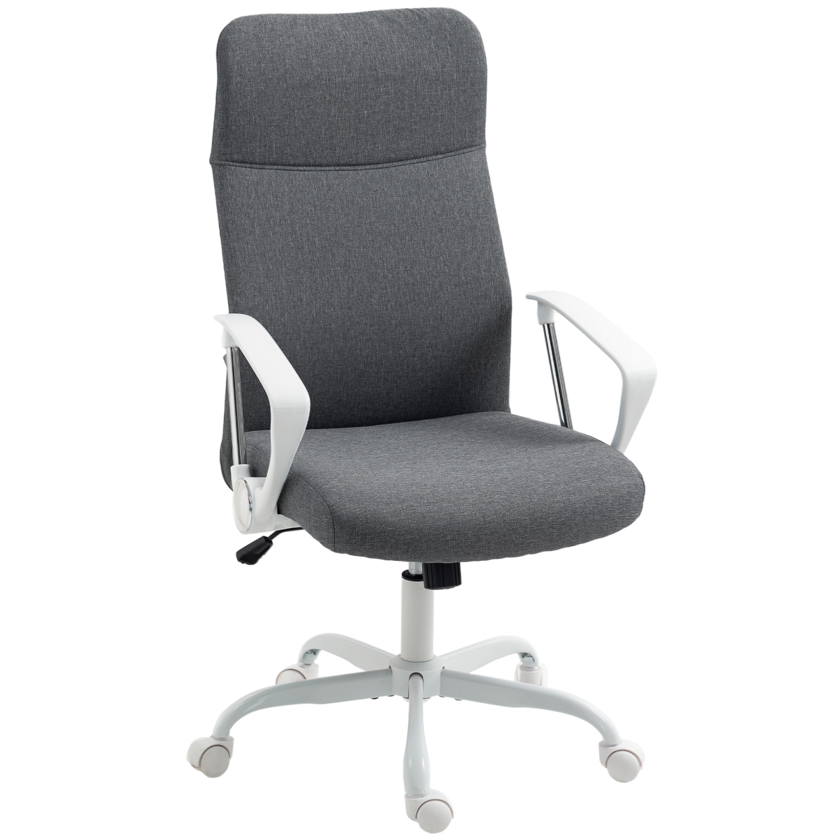 HOMCOM High Back Office Chair Adjustable Tilt For Home in gray fabric with white armrests and base