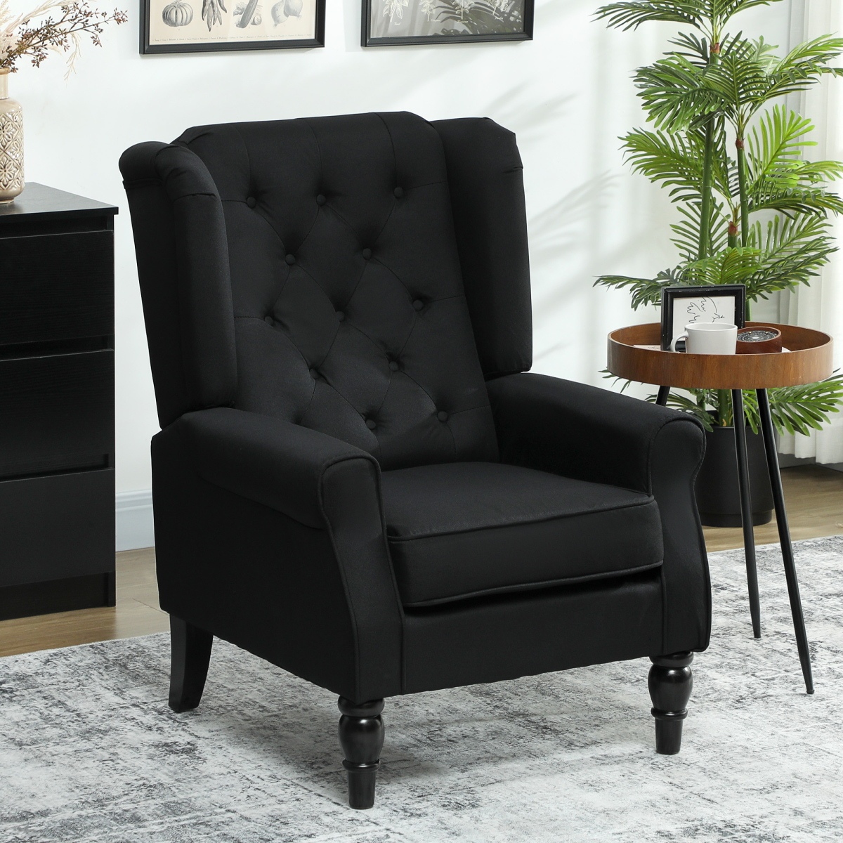 HOMCOM Wingback Accent Chair Tufted Retro Upholstery in black with tufted back, rolled arms, wood legs.