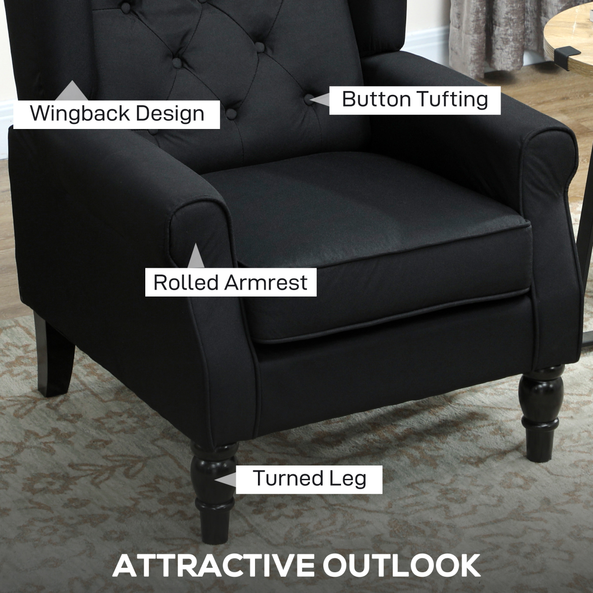HOMCOM Wingback Accent Chair Tufted Retro Upholstery with rolled arms and button tufting in black fabric