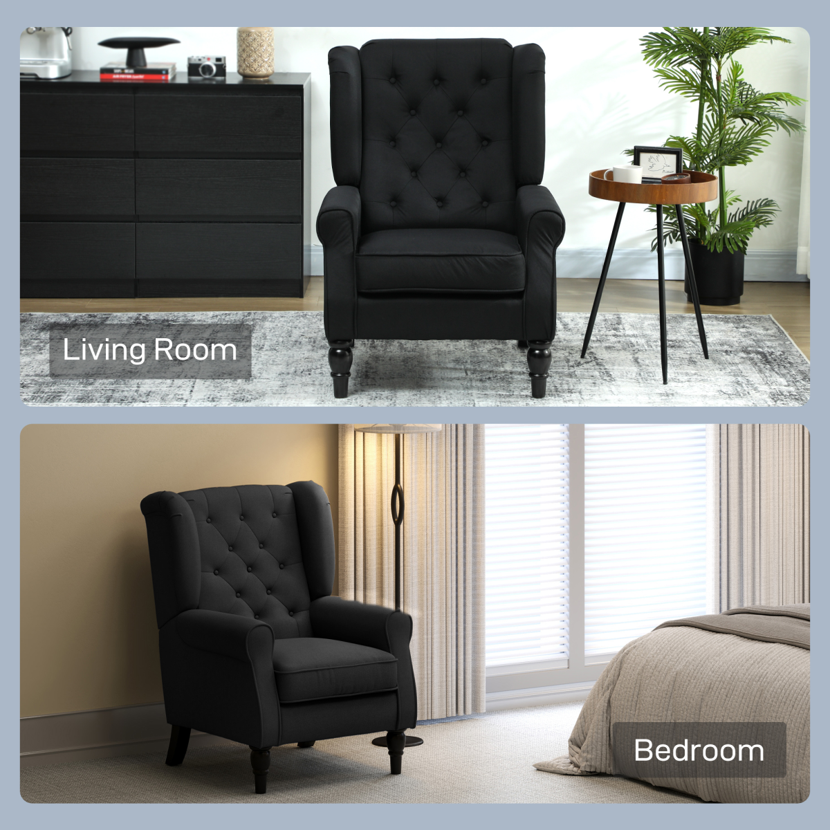 HOMCOM Wingback Accent Chair Tufted Retro Upholstery in living room and bedroom settings.