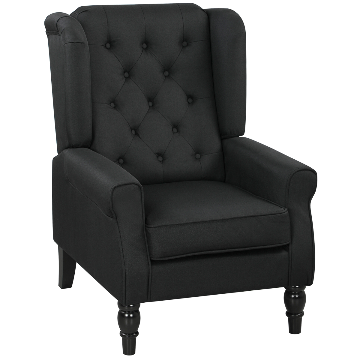 HOMCOM Wingback Accent Chair Tufted Retro Upholstery in black with tufted back and wooden legs.