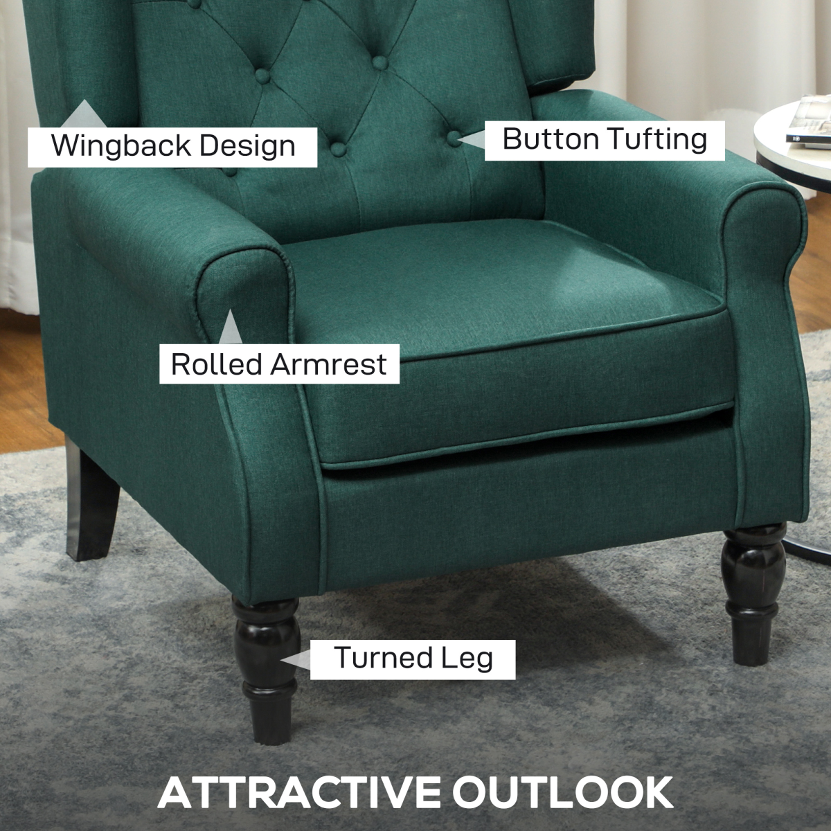 HOMCOM Wingback Accent Chair Tufted Retro Upholstery in green fabric with tufted back, rolled arms, turned legs
