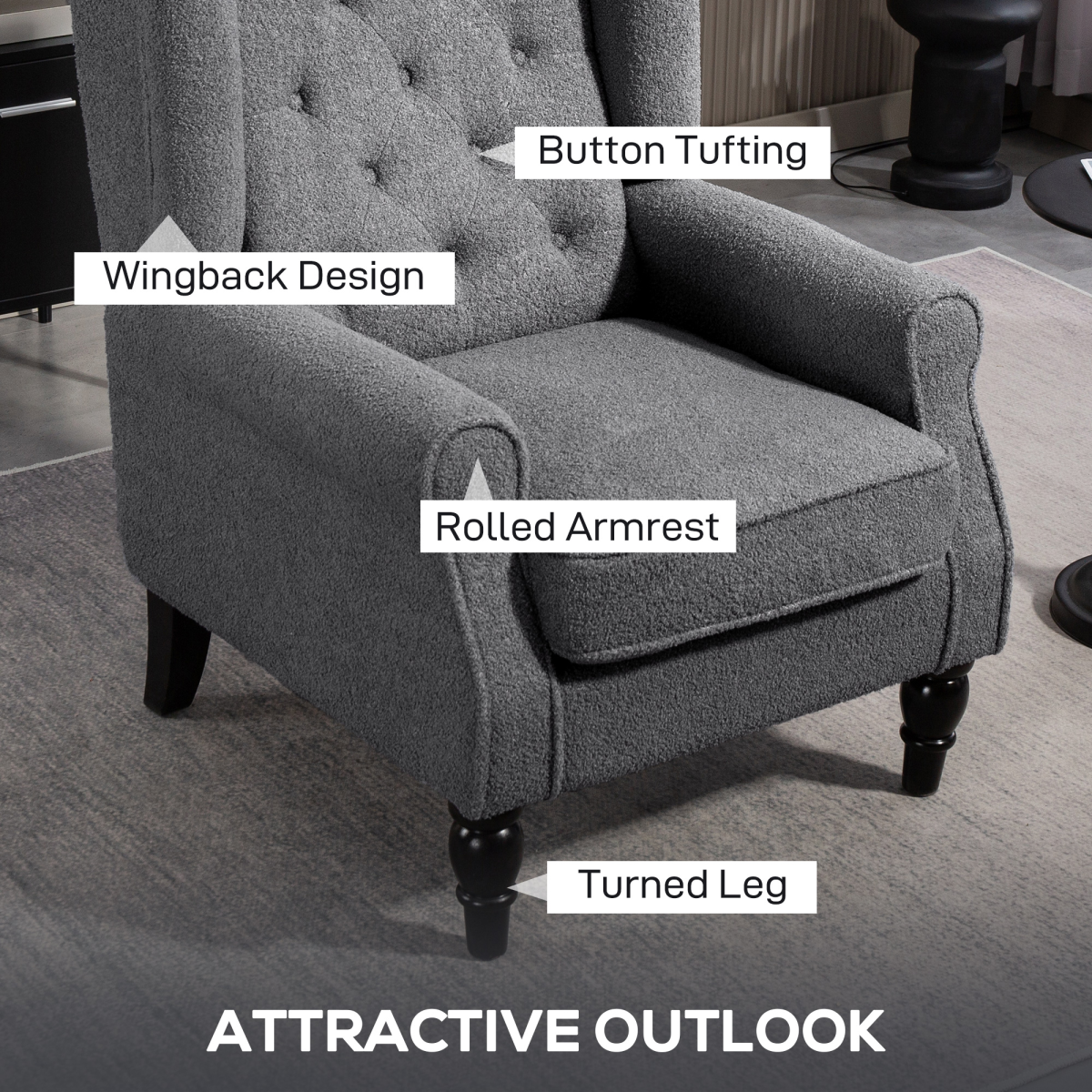 HOMCOM Wingback Accent Chair Tufted Retro Upholstery - gray wingback chair with tufted back, rolled arms