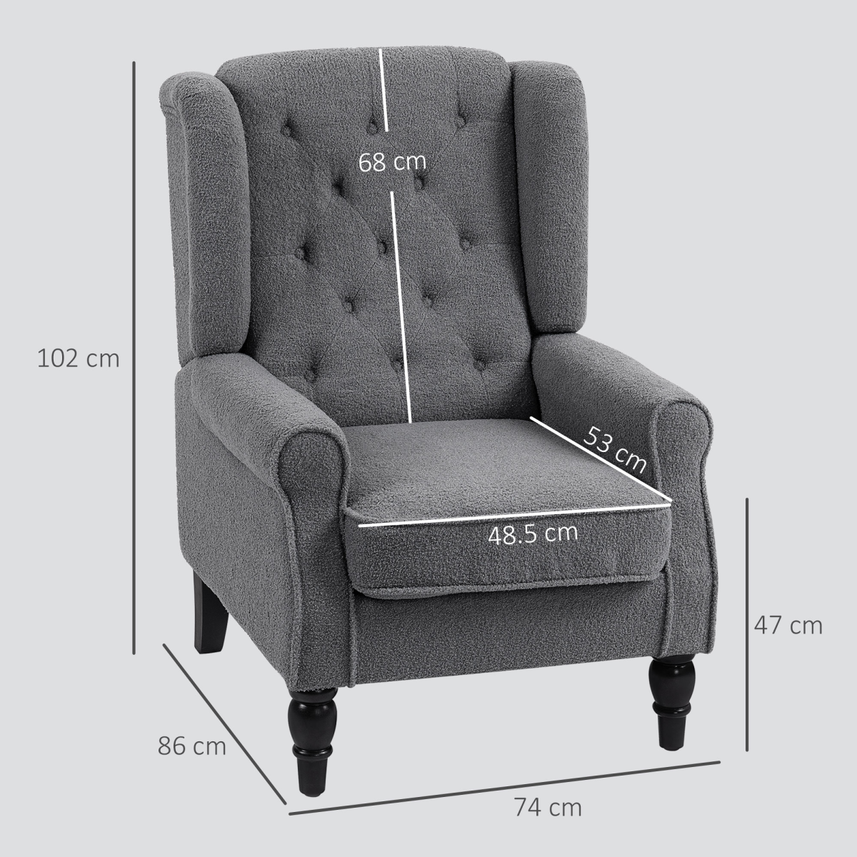 HOMCOM Wingback Accent Chair Tufted Retro Upholstery in grey fabric with tufted back and wood legs.