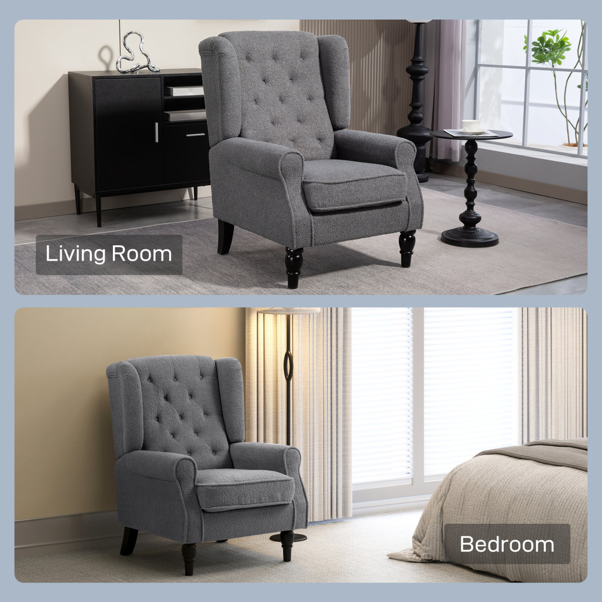 HOMCOM Wingback Accent Chair Tufted Retro Upholstery in gray fabric with high back and button tufting.