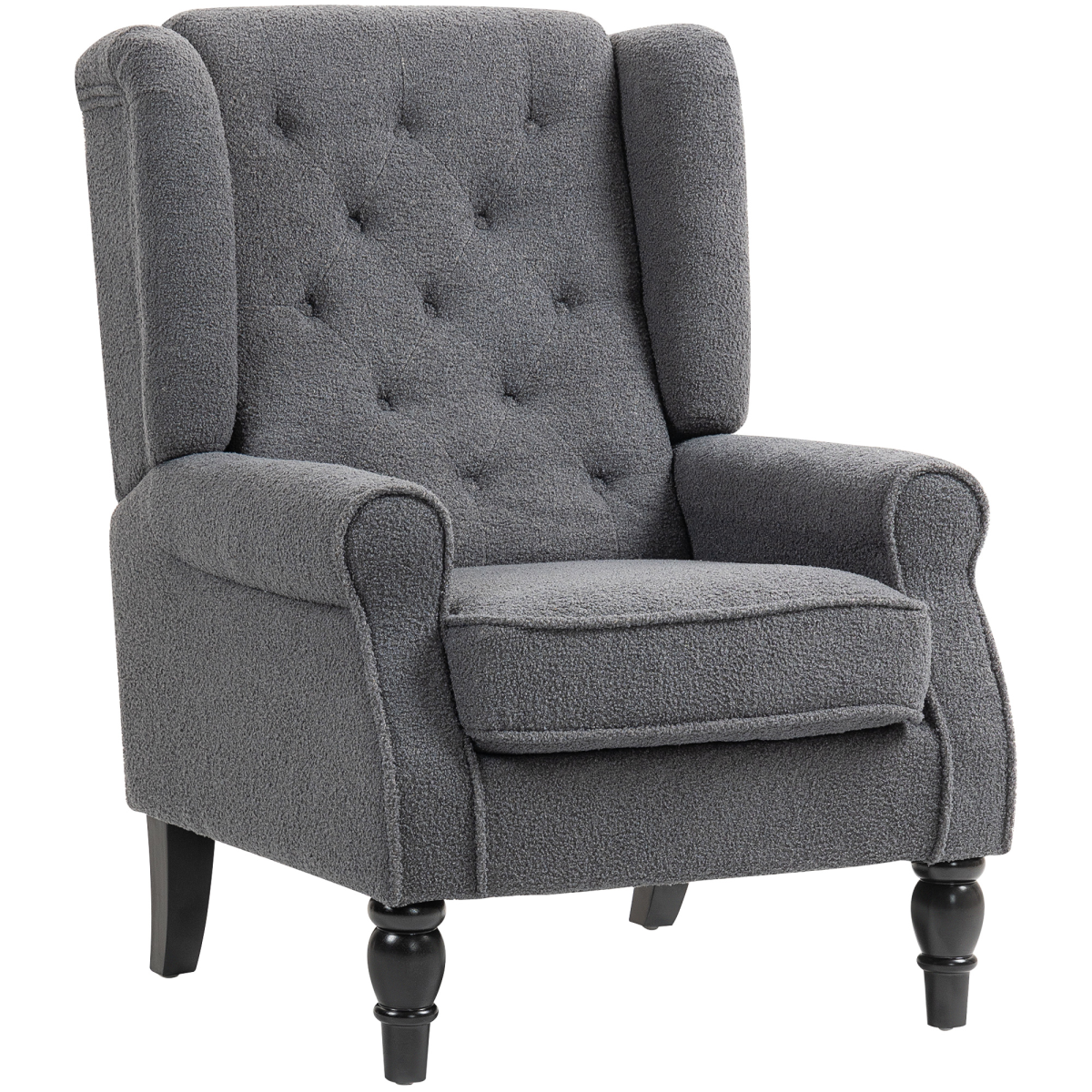 HOMCOM Wingback Accent Chair Tufted Retro Upholstery in gray fabric, with high back, button tufting, wooden legs.