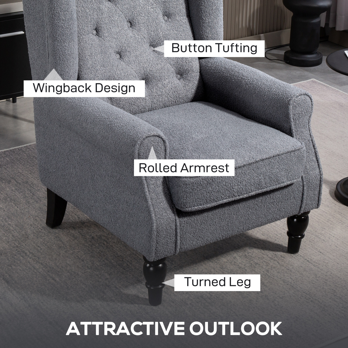 HOMCOM Wingback Accent Chair Tufted Retro Upholstery, high-back with button tufting and rolled arms.