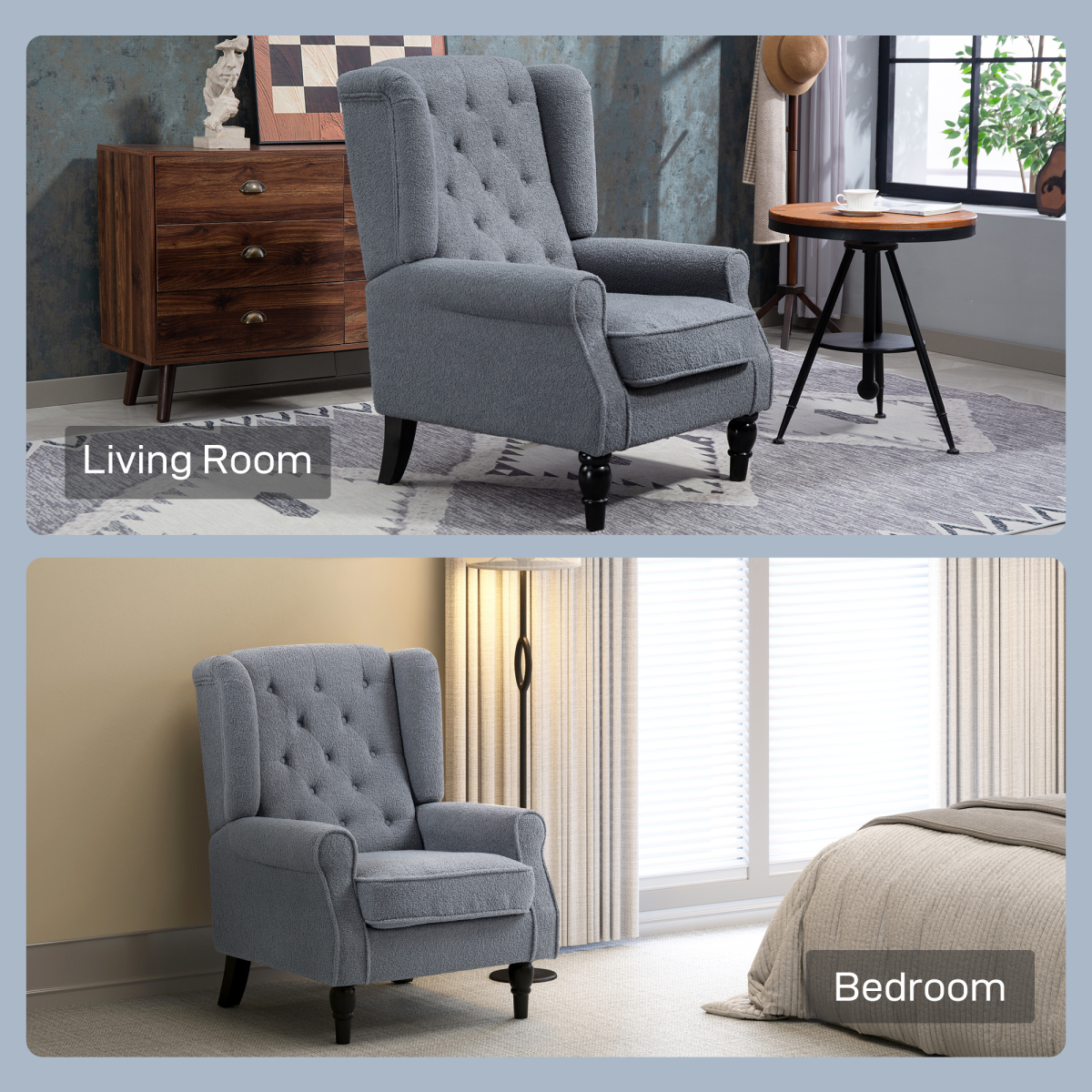 HOMCOM Wingback Accent Chair Tufted Retro Upholstery in living room and bedroom settings.