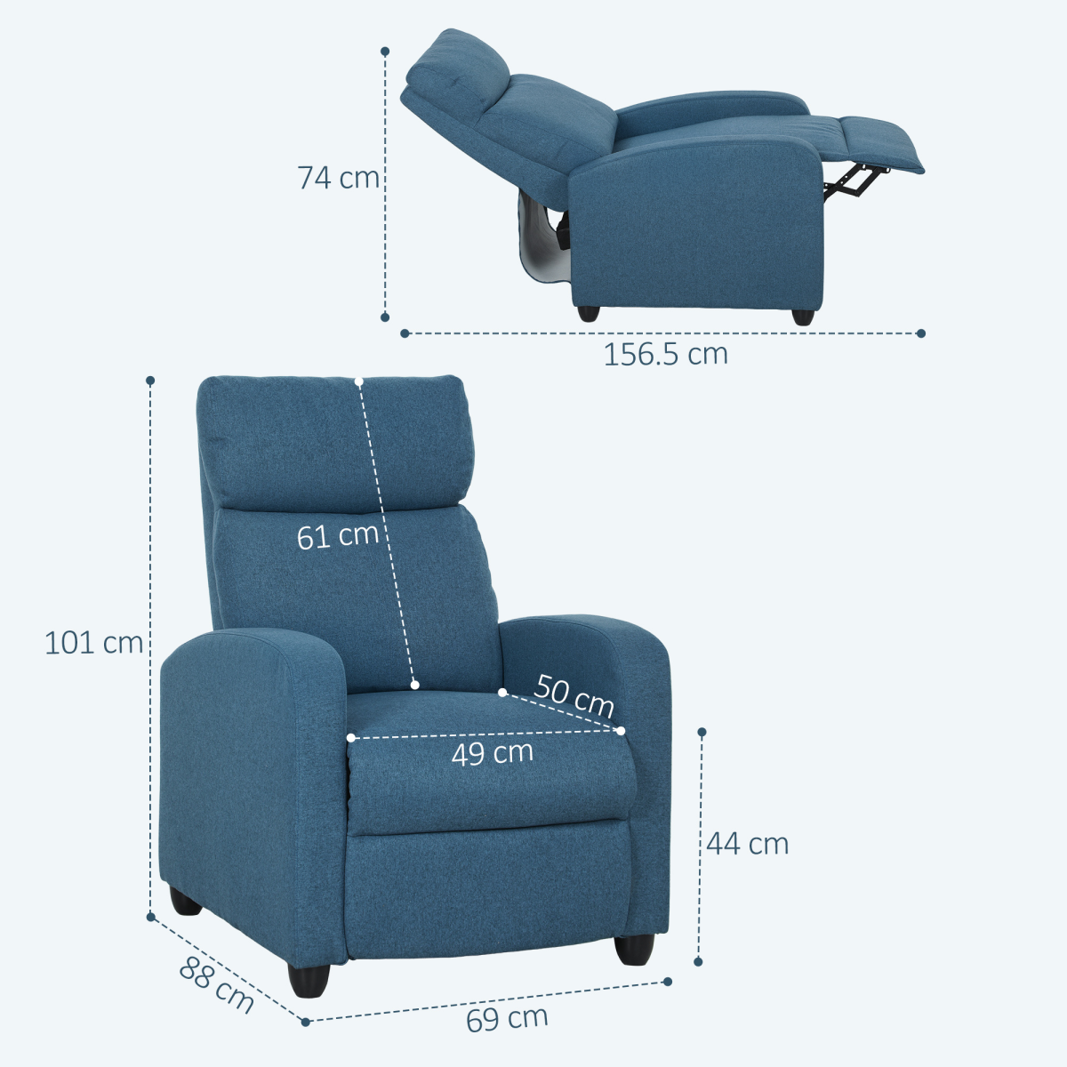 HOMCOM Linen Recliner Chair 135 Degree Recline Comfort Blue in blue linen-look upholstery