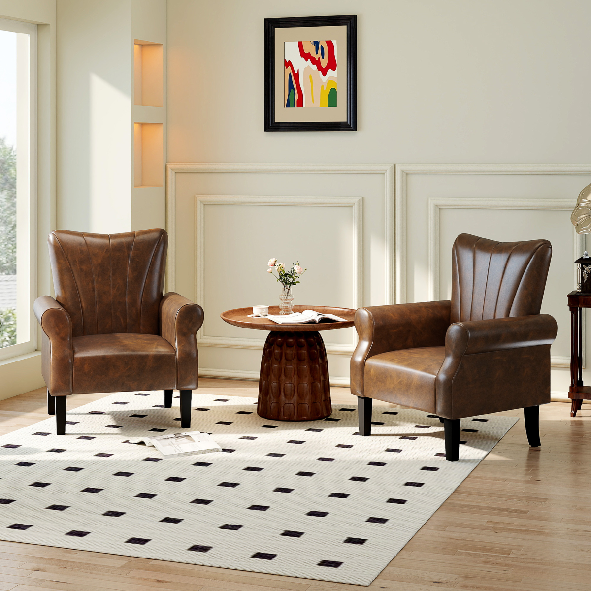 HOMCOM Upholstered Armchair 25cm Deep Wing Back Home: brown leather wing-back chairs with a table in a living room.
