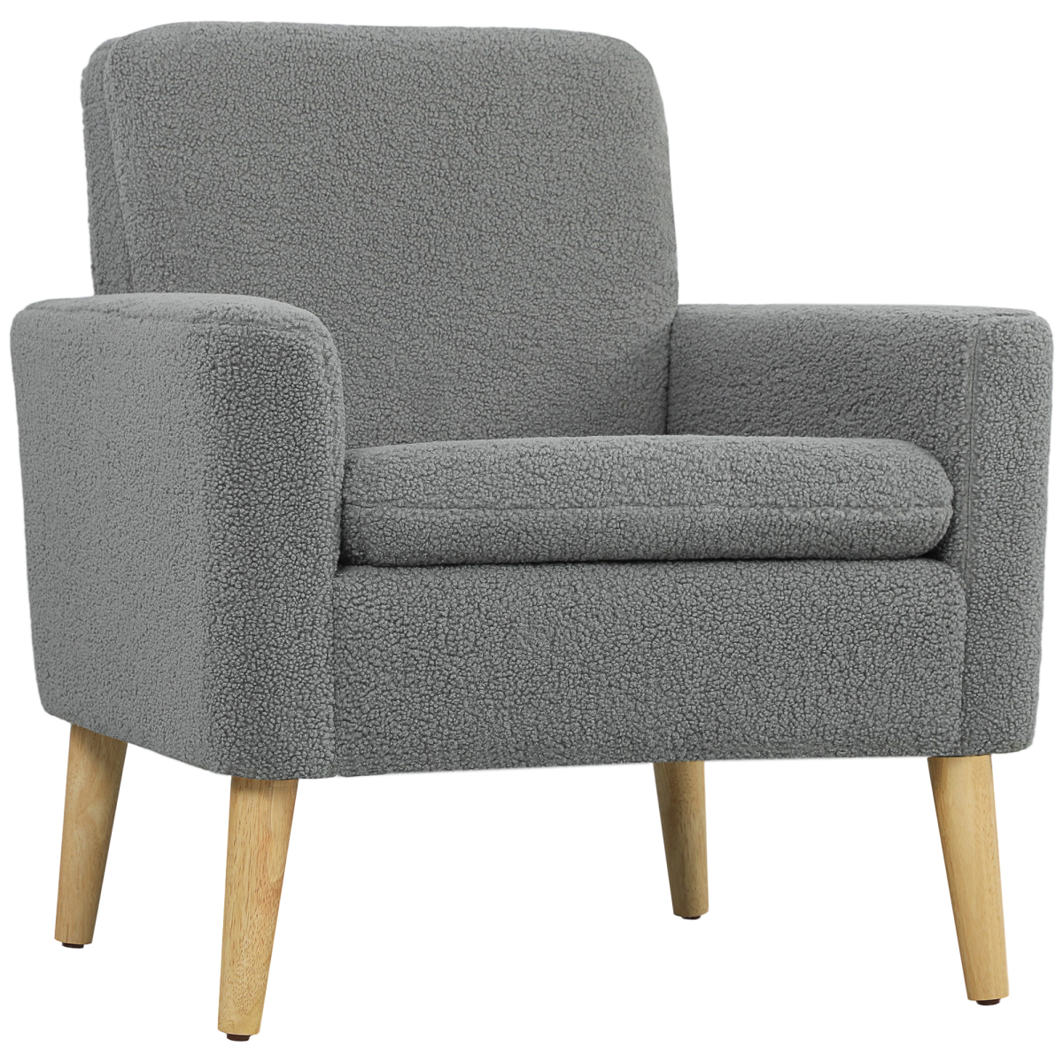 HOMCOM Accent Chair Wide Seat Teddy Fleece For Living Room plush grey fabric with solid wood legs.