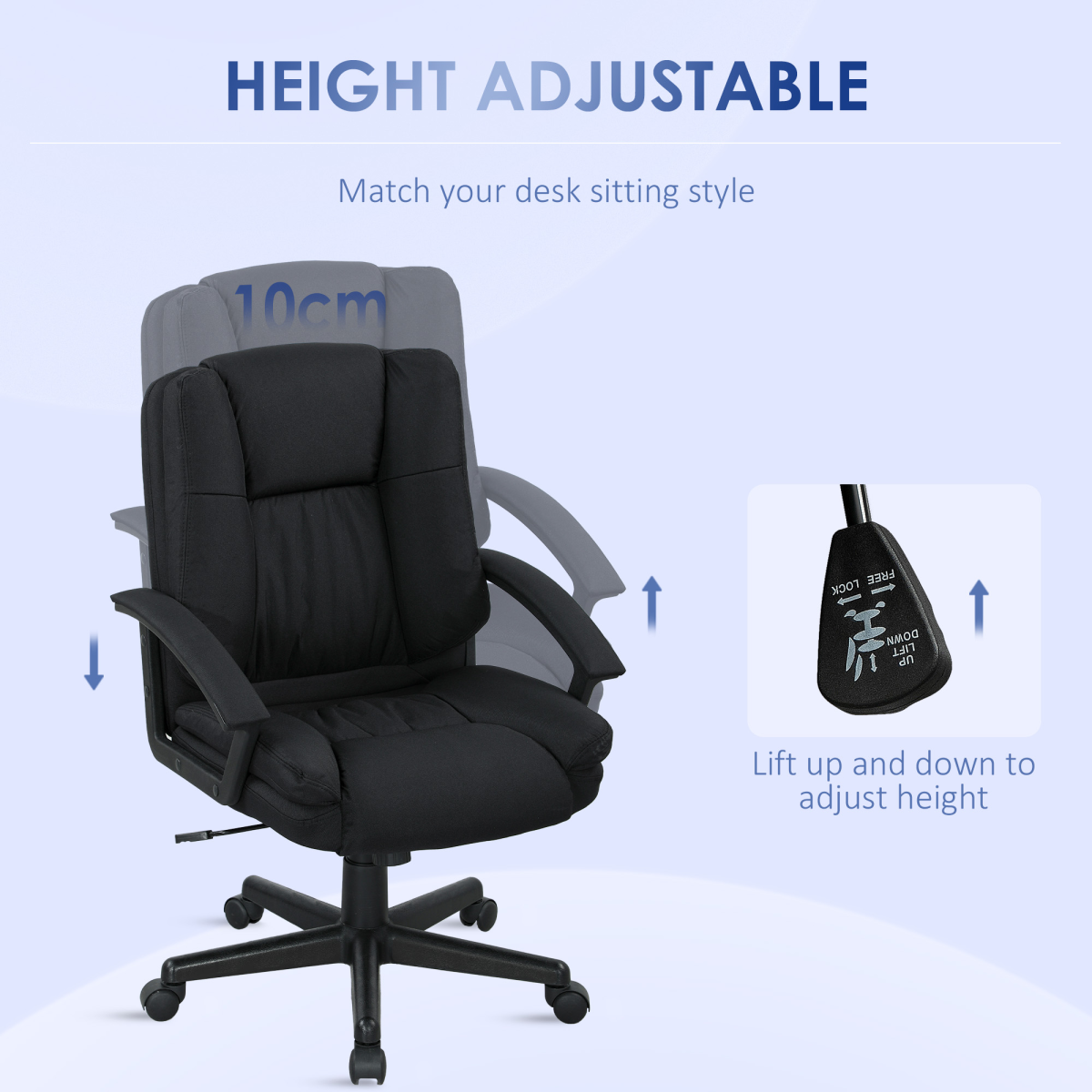 HOMCOM Swivel Office Chair 94-104 Cm Height Padded Armrests with adjustable height, cushioned seat and back.