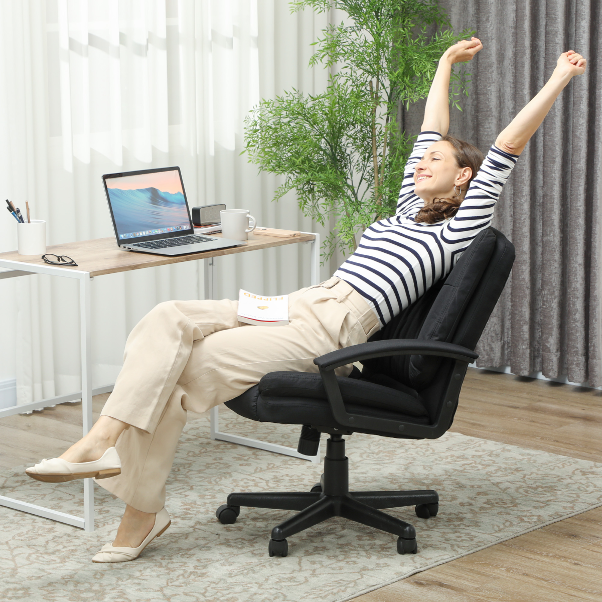 HOMCOM Swivel Office Chair 94-104 Cm Height Padded Armrests with a smiling person at a home office desk.