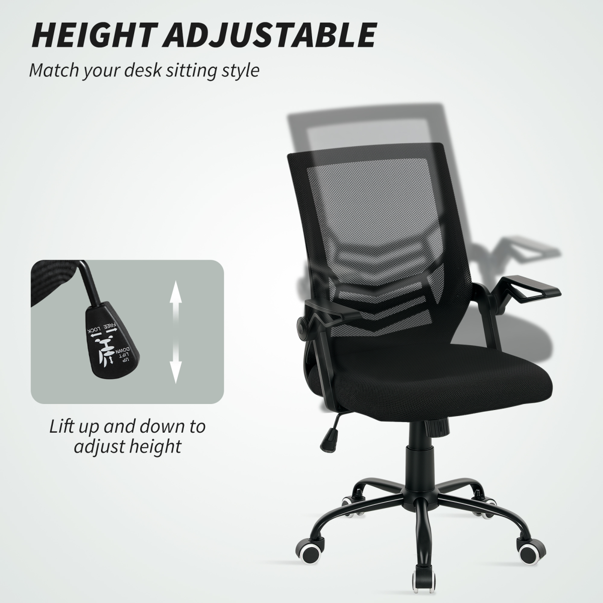 Vinsetto Mesh Swivel Office Chair Ergonomic Lumbar Support, cushioned seat, curved back, height adjustable.