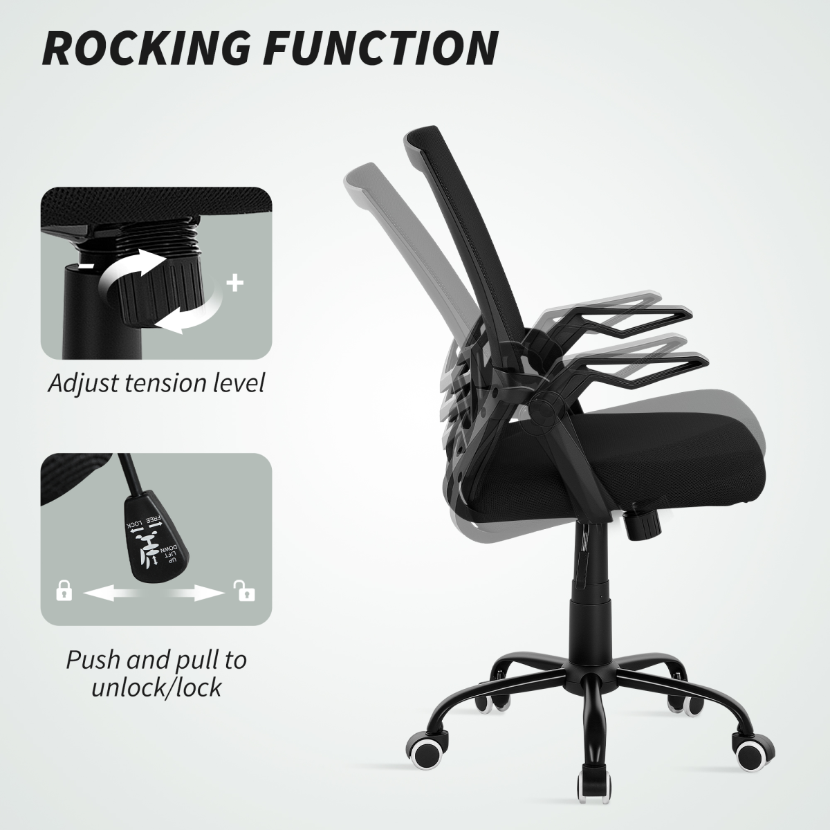 Vinsetto Mesh Swivel Office Chair Ergonomic Lumbar Support with adjustable tension and lockable reclining.