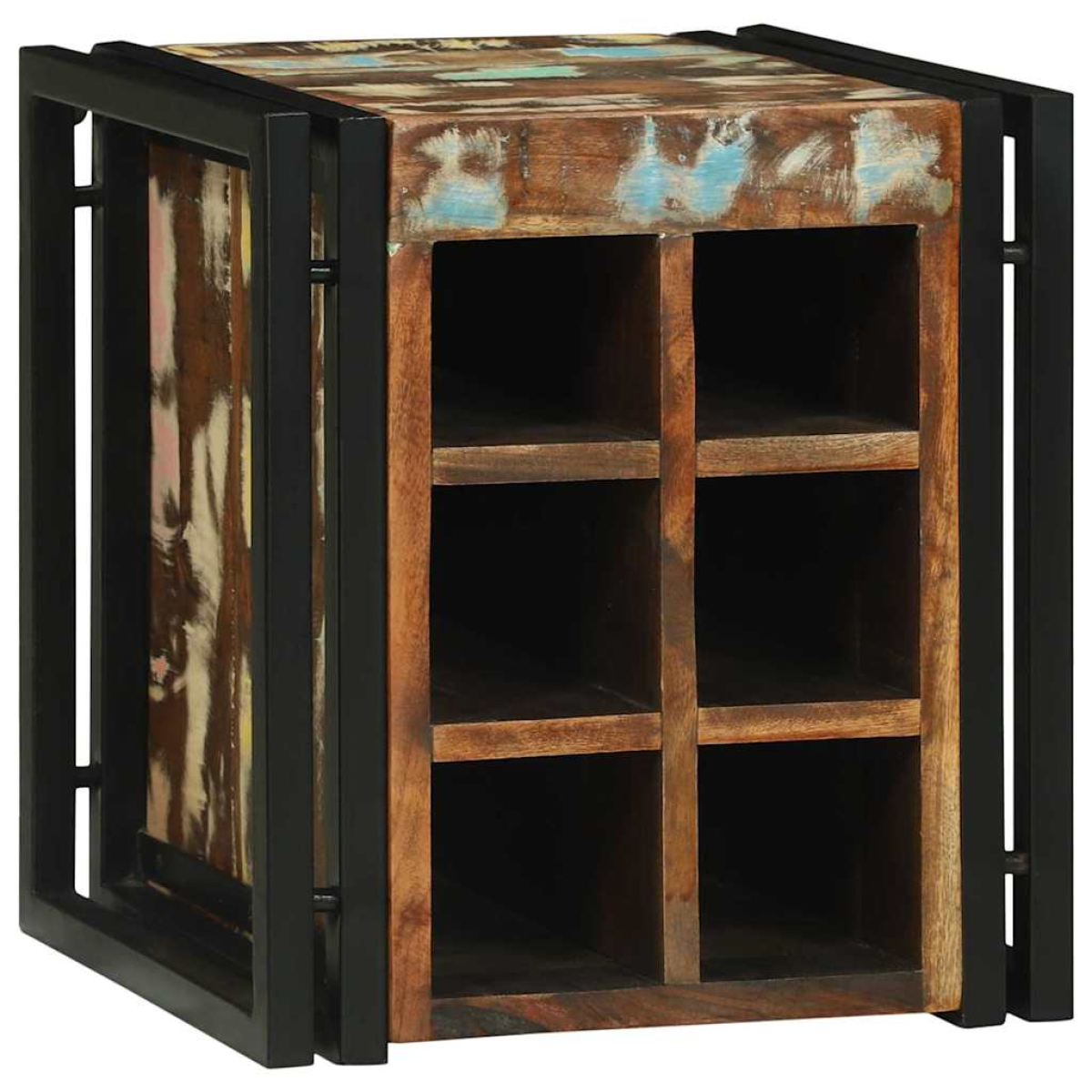 VidaXL Wine Rack 34.5x35x39 cm Solid Mango Wood For Kitchen with black metal frame and four cubby compartments.