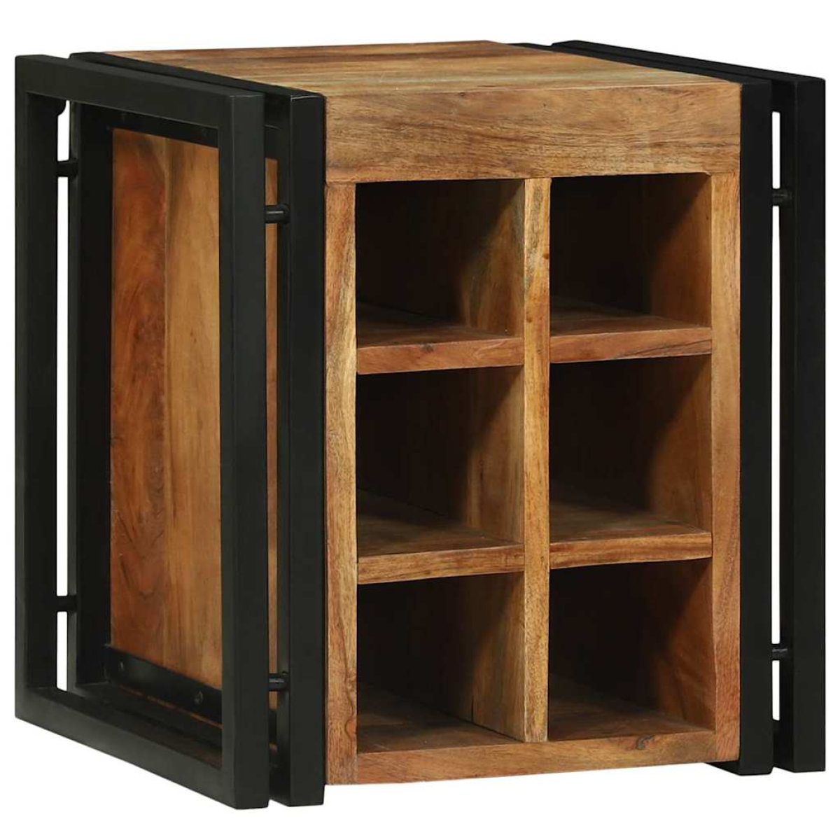 VidaXL Wine Rack 34.5x35x39 cm Solid Mango Wood For Kitchen with black metal frame and six cubbies.