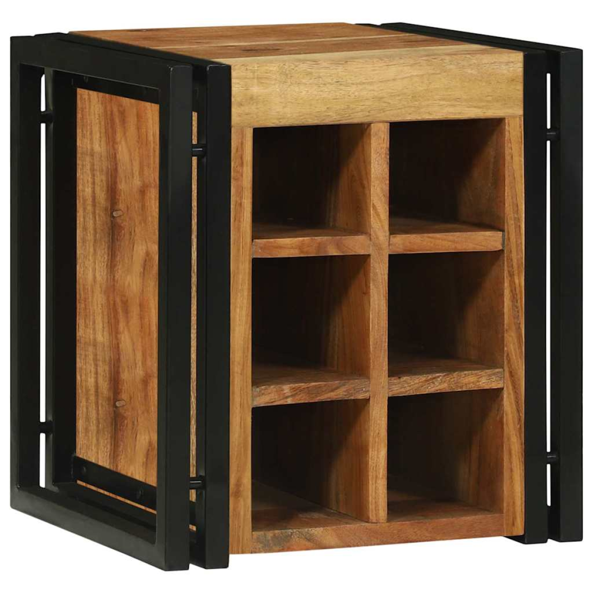VidaXL Wine Rack 34.5x35x39 cm Solid Mango Wood For Kitchen with black metal frame and cubby storage.