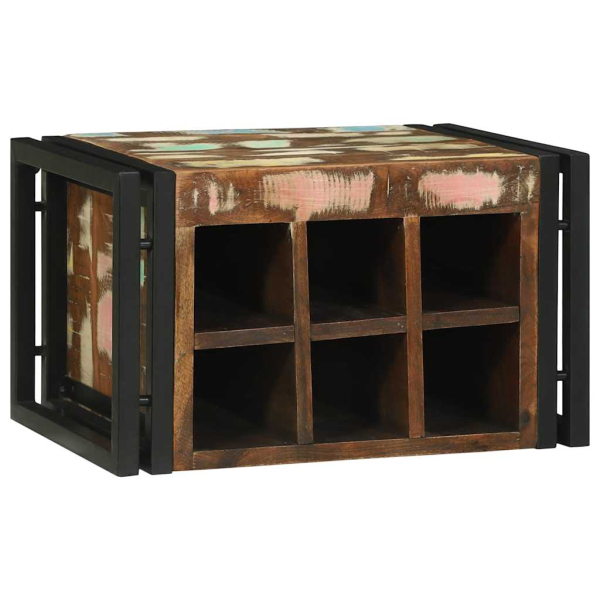 VidaXL Wine Rack 34.5x35x39 cm Solid Mango Wood For Kitchen with rustic finish, six cubbies, and black metal frame.