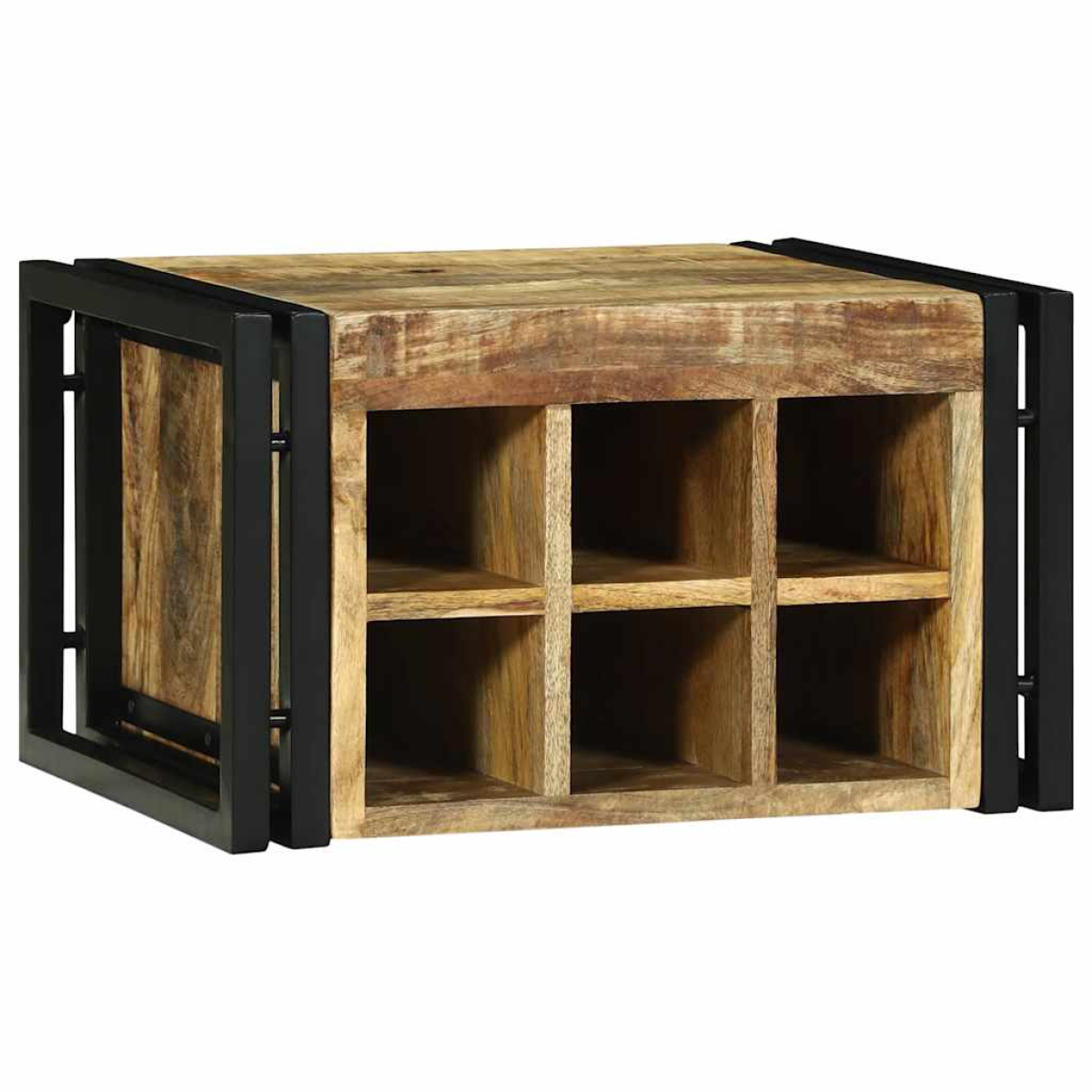 VidaXL Wine Rack 34.5x35x39 cm Solid Mango Wood For Kitchen with black metal frame, rustic storage.