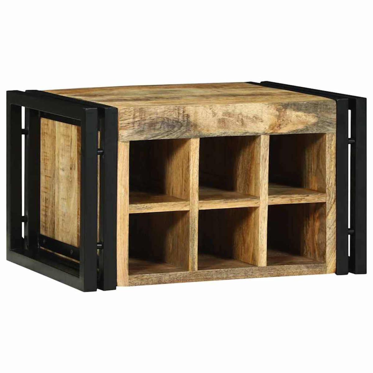 VidaXL Wine Rack 34.5x35x39 cm Solid Mango Wood For Kitchen with natural mango grain and black metal frame.