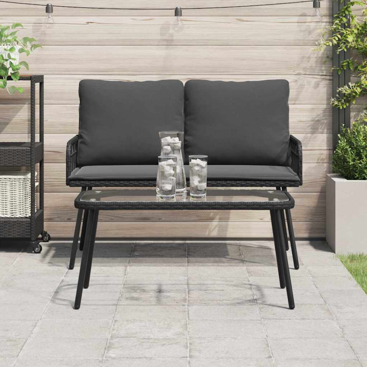 VidaXL Coffee Table 90 x 45 x 42 cm Poly Rattan Outdoor with glass top complements black outdoor sofa set.