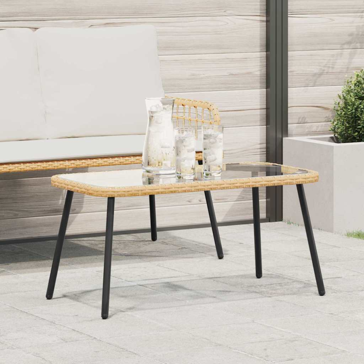 VidaXL Coffee Table 90 x 45 x 42 cm Poly Rattan Outdoor with glass top, outdoor patio scene.
