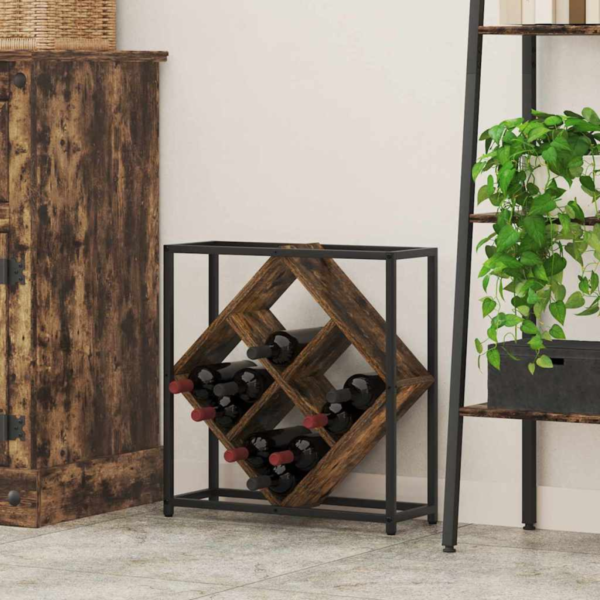 VidaXL Wine Rack 51x18x52.5 cm Black Engineered Wood At Home: compact black frame with criss-cross wooden shelves.