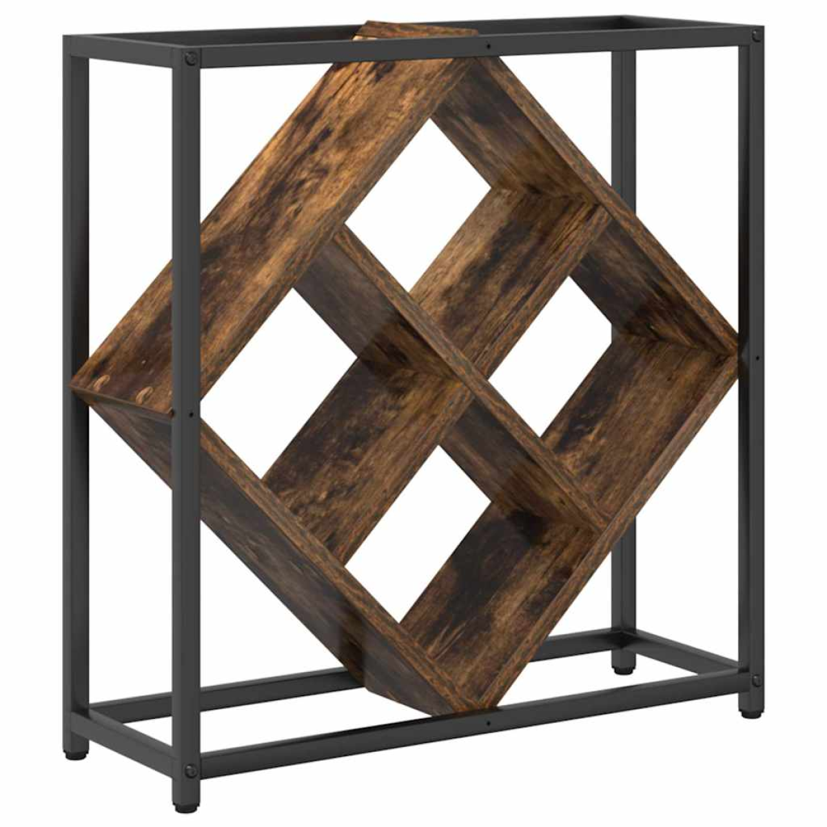 VidaXL Wine Rack 51x18x52.5 cm Black Engineered Wood At Home - black metal frame with wooden criss-cross diamond rack.