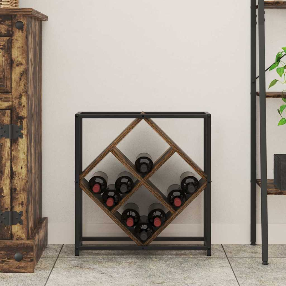 VidaXL Wine Rack 51x18x52.5 cm Black Engineered Wood At Home – black frame with criss-cross bottle compartments.