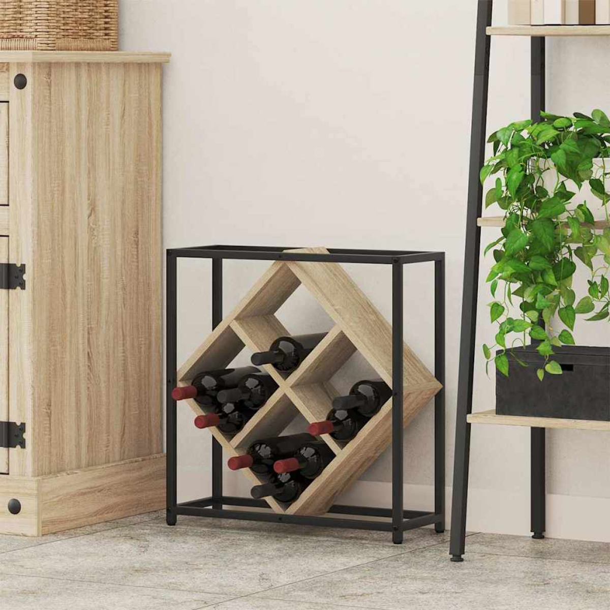 VidaXL Wine Rack 51x18x52.5 cm Black Engineered Wood At Home compact black frame with criss-cross wooden compartments.
