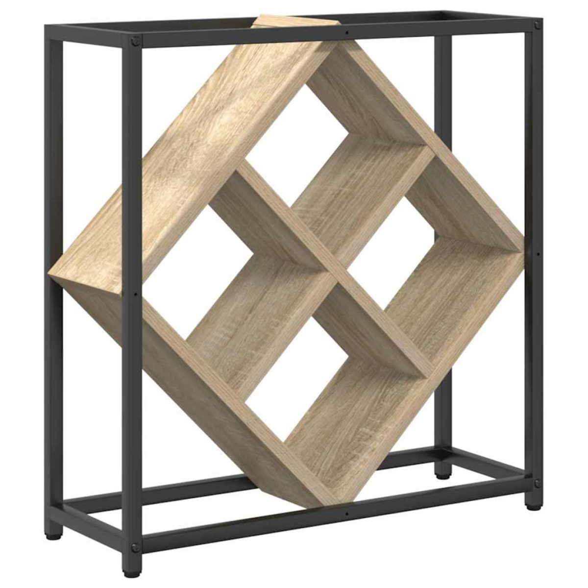 VidaXL Wine Rack 51x18x52.5 cm Black Engineered Wood At Home features a black frame and light wood diamond shelves