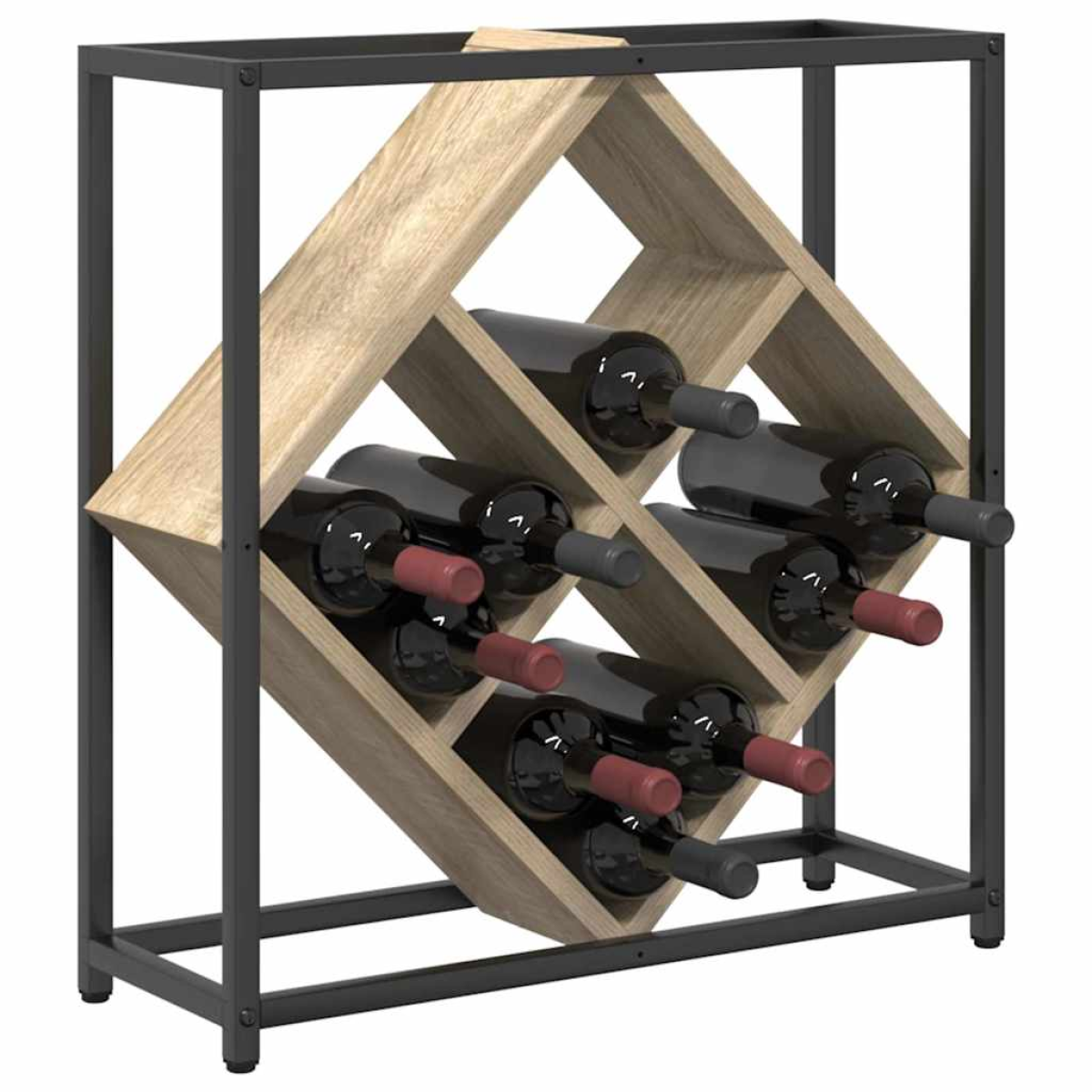 VidaXL Wine Rack 51x18x52.5 cm Black Engineered Wood At Home shows a black frame with criss-cross bottle storage