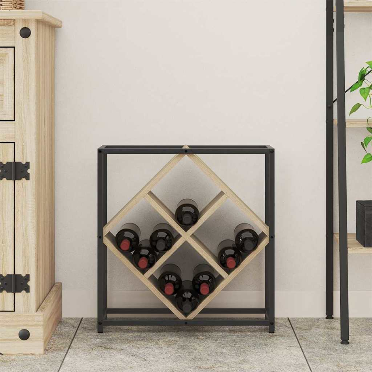 VidaXL Wine Rack 51x18x52.5 cm Black Engineered Wood At Home—criss-cross compartments in a matte black frame.